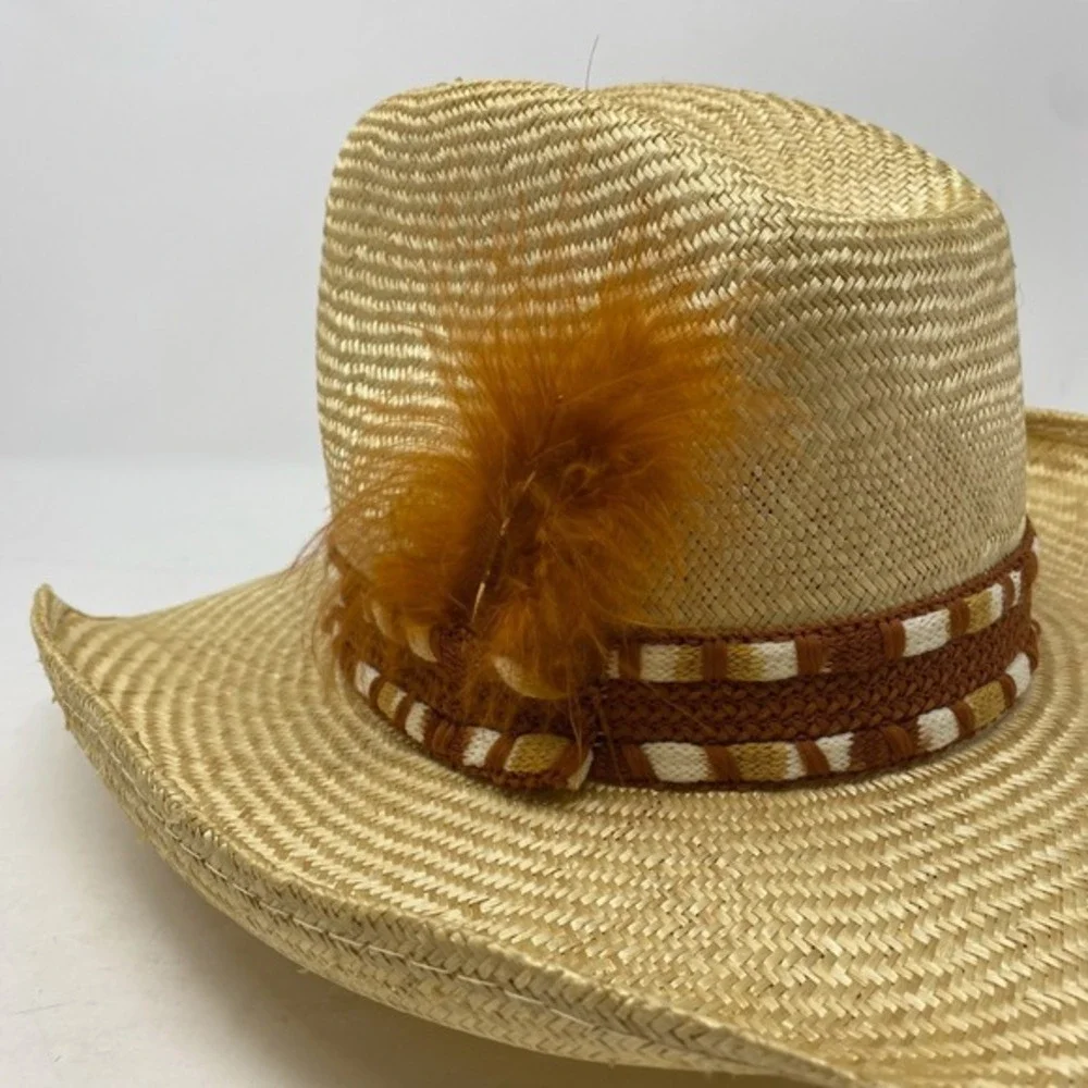 Vtg Stomper Unisex Cowboy Hat Woven‎ Band Feather Accent Straw  Western Rodeo